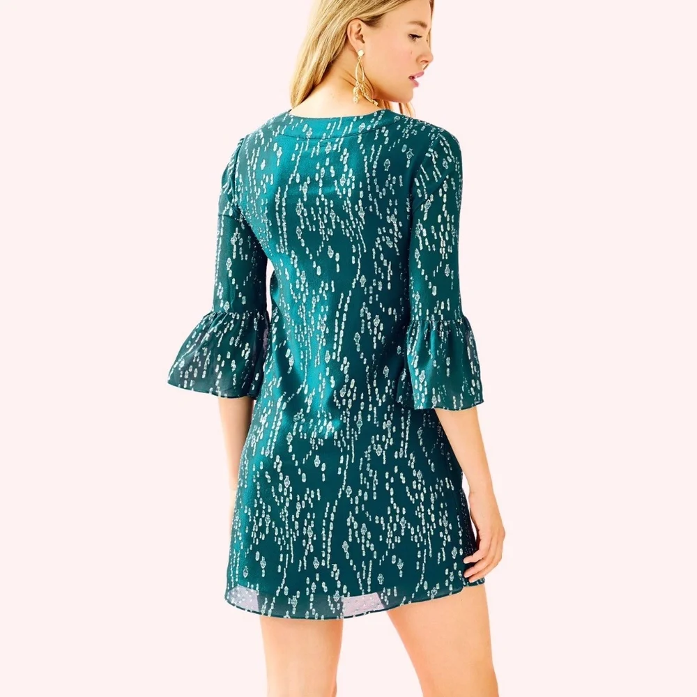 Lilly Pulitzer Elenora Dress Tidal Teal Turquiose Green Gold Flecks XS - Picture 10 of 11
